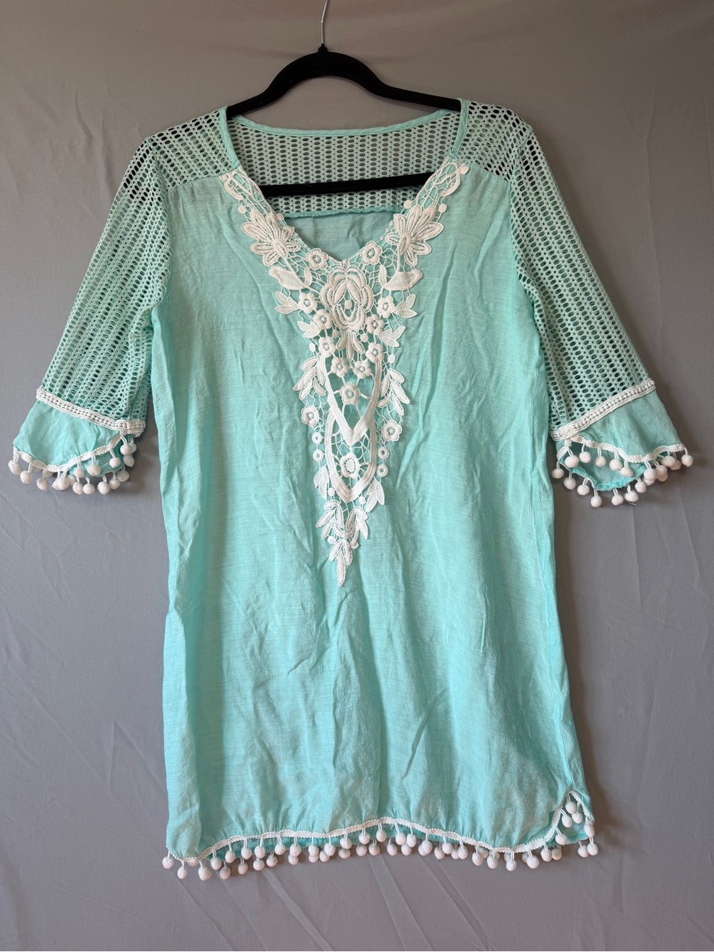 Womens Embroidered Swim Tunic Cover Up Size Small Baby Blue White Pom Pom Fringe